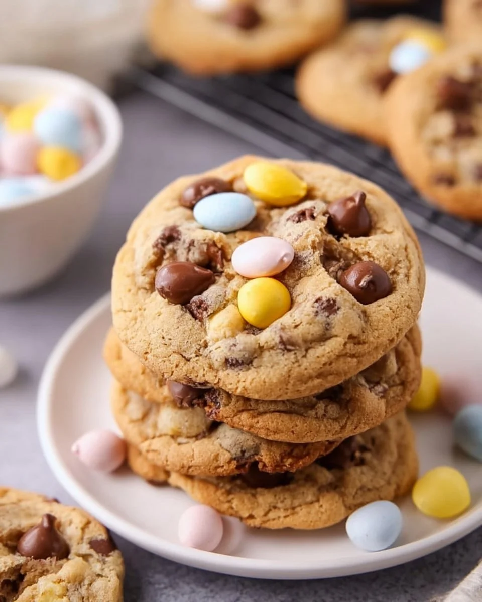 Delicious homemade Cadbury Egg Cookies with chocolate and colorful candy eggs