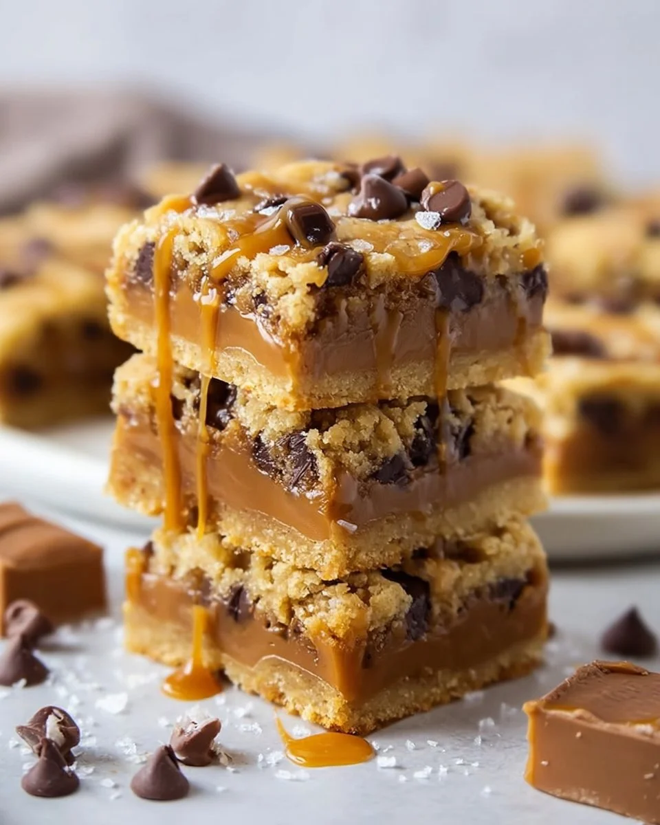 Tasty caramel cookie bars with rich caramel drizzle on top