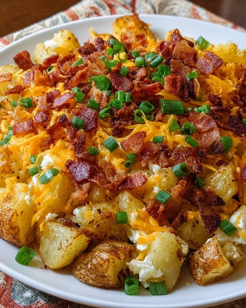 Cheesy breakfast potatoes topped with crispy bacon, ideal for a hearty morning meal.