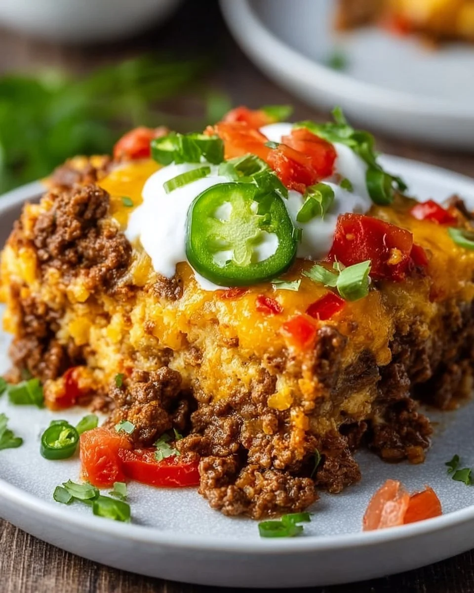 Cheesy low carb taco casserole served in a dish, garnished with toppings.