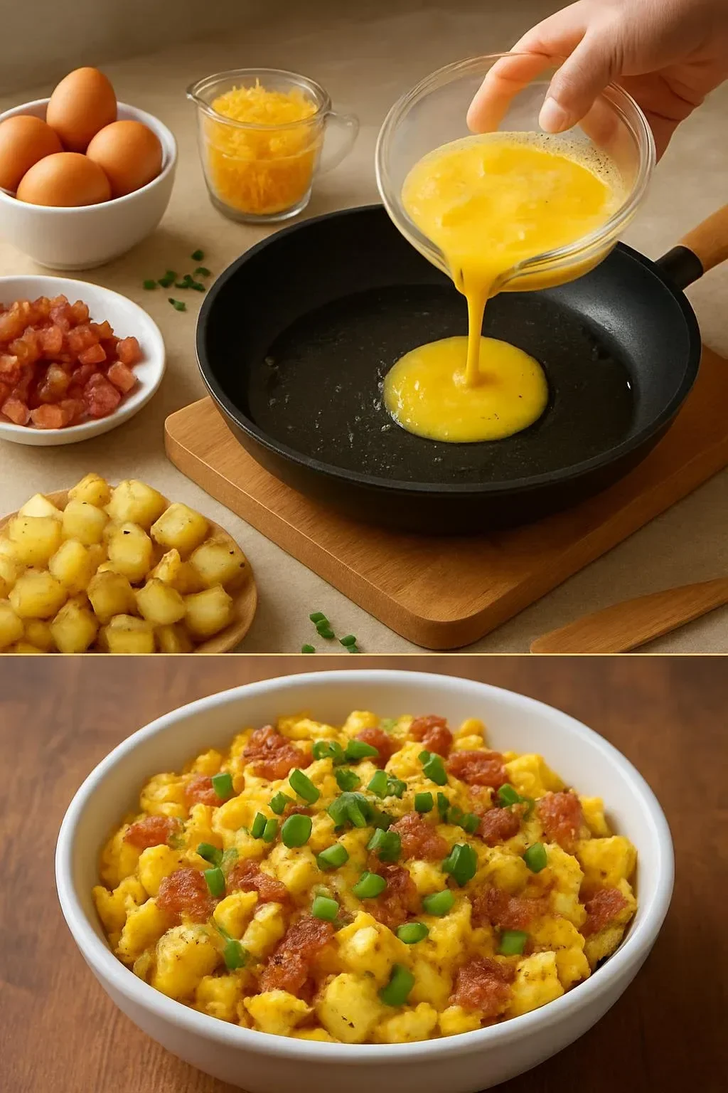 Cheesy potato egg scramble served in a bowl with herbs.