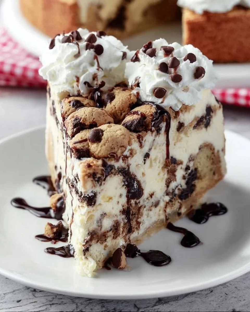 Chocolate chip cookie ice cream cake with chocolate chips and sprinkles
