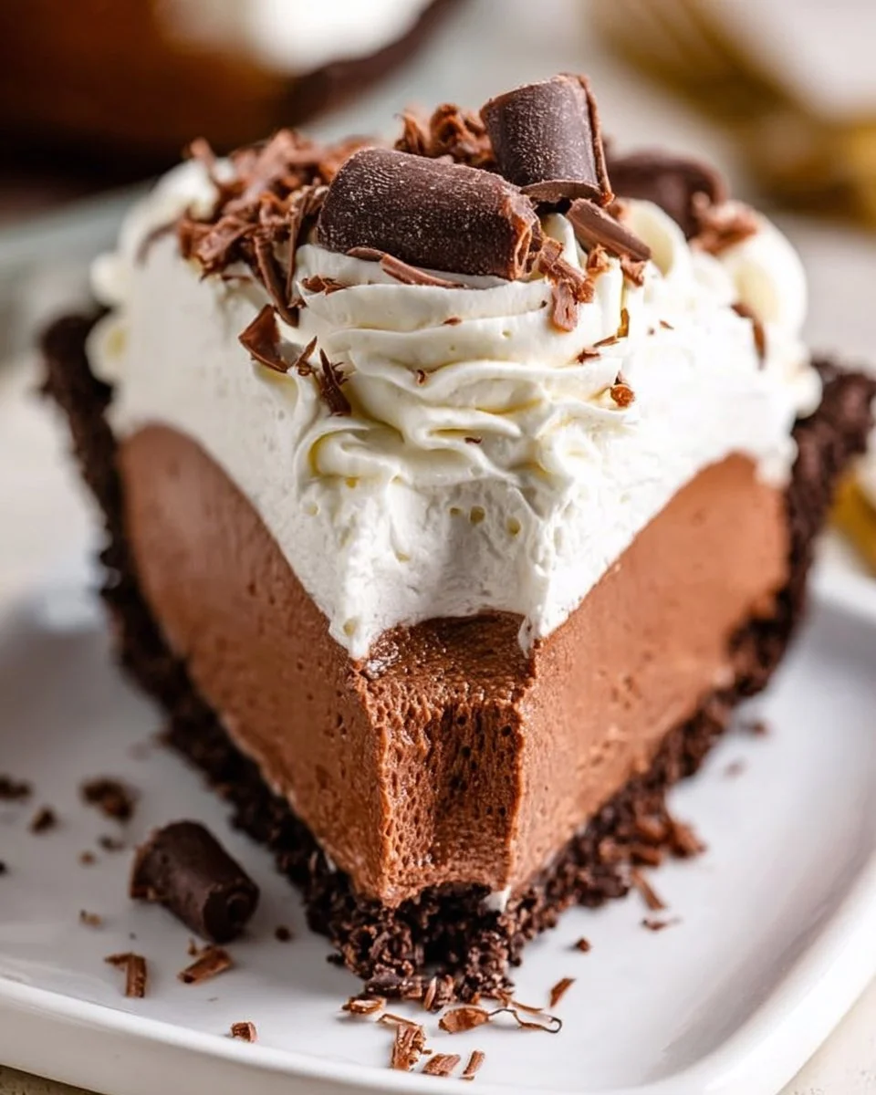Delicious slice of Chocolate French Silk Pie with whipped cream on top