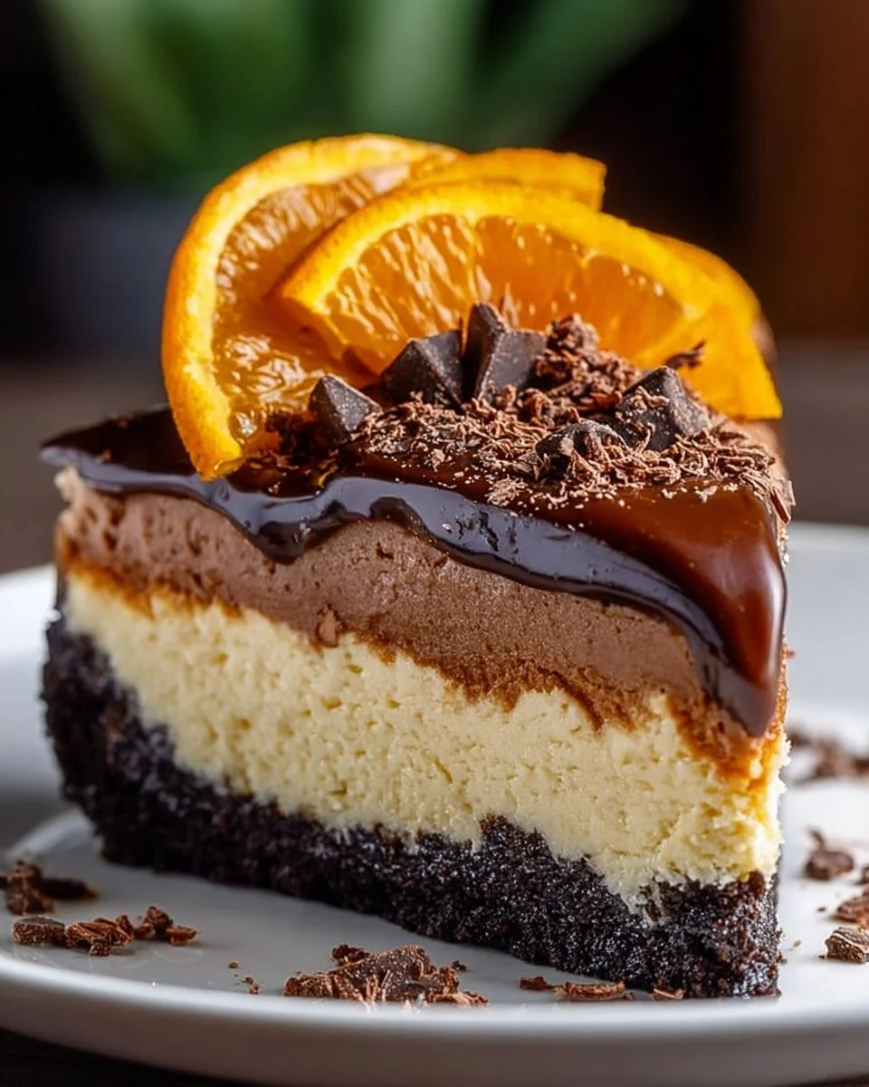 Decadent Chocolate Orange Cheesecake with orange slices and chocolate drizzle