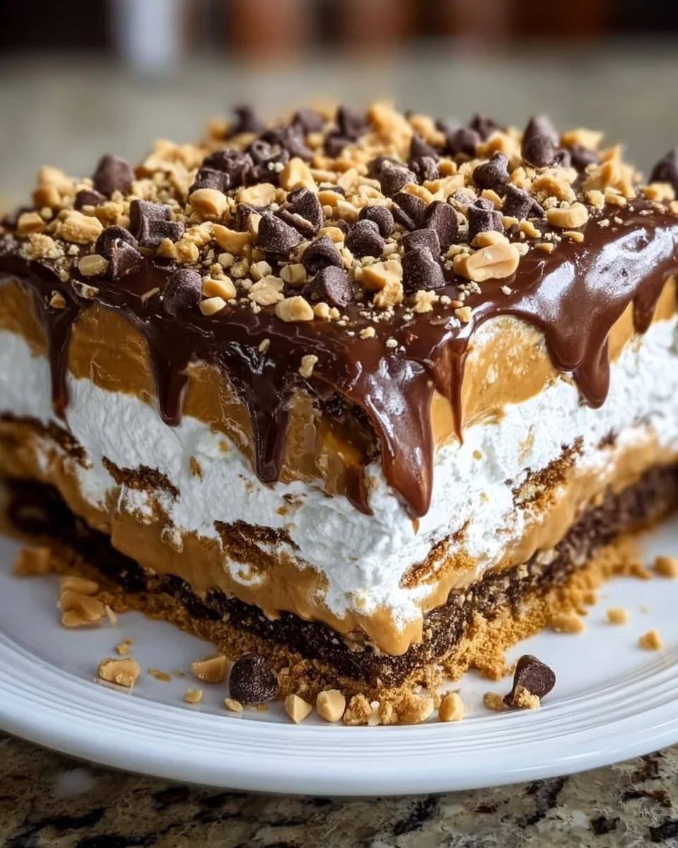 Delicious Chocolate Peanut Butter Lasagna layered with rich chocolate and creamy peanut butter.