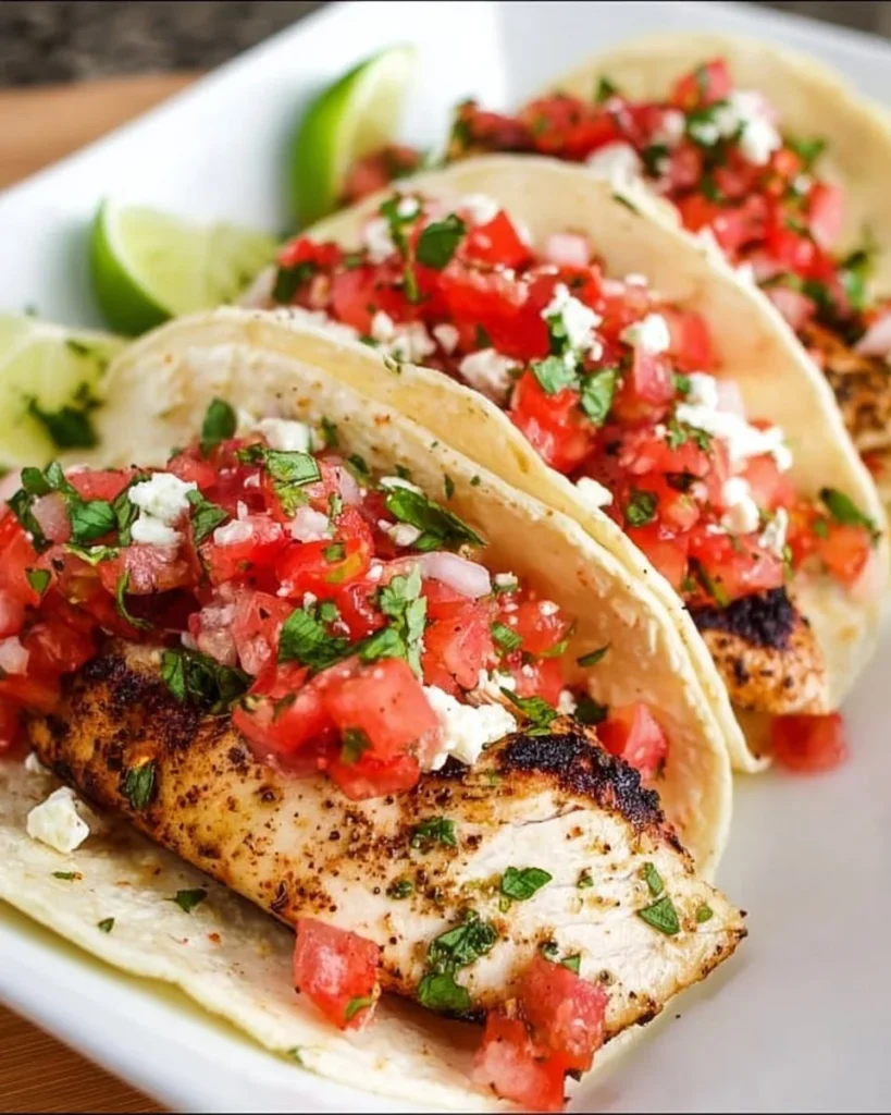 Cilantro lime chicken tacos served with fresh toppings and lime wedges
