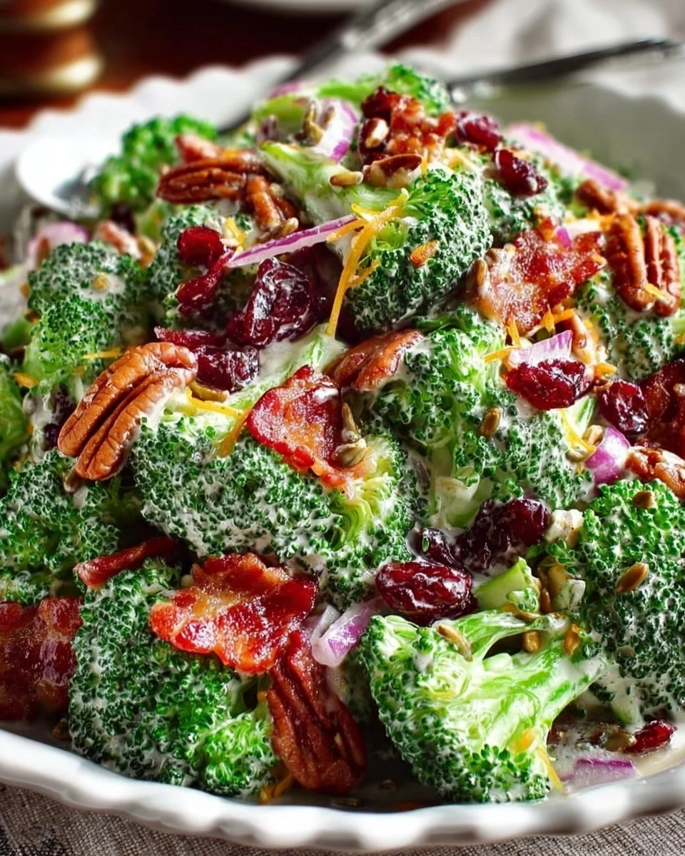 Delicious classic broccoli salad prepared with fresh ingredients