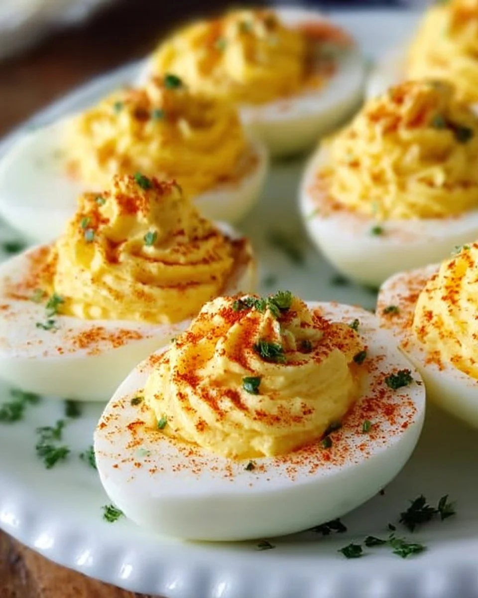 Plate of classic deviled eggs garnished with paprika and herbs