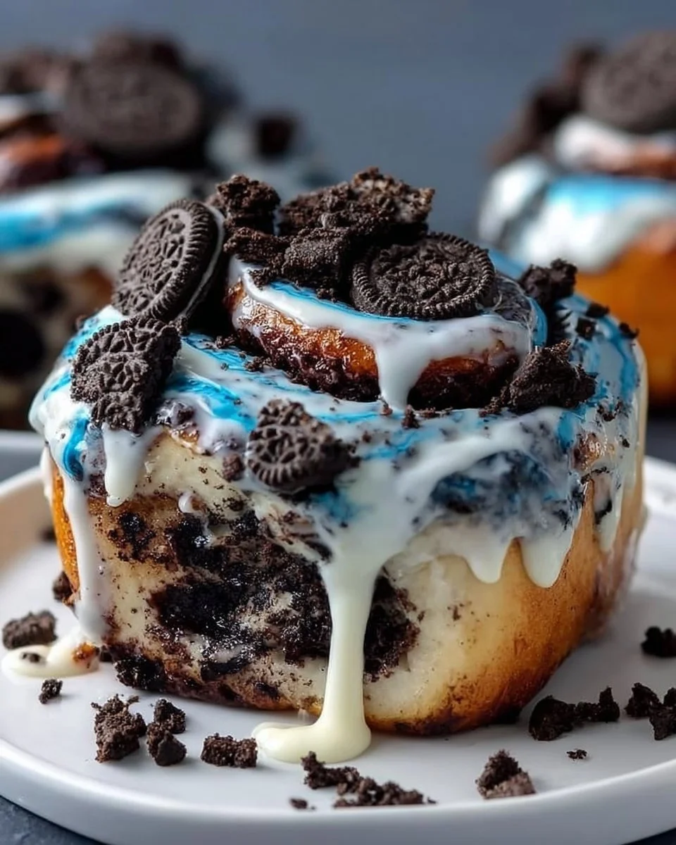 Delicious Cookie Monster cinnamon rolls topped with vibrant blue frosting