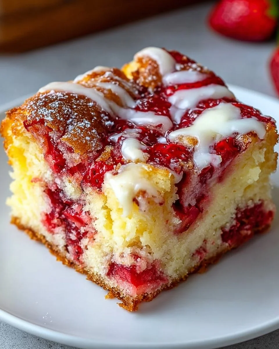 Homemade strawberry earthquake cake with cream cheese swirl on a plate