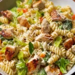 Creamy chicken pasta with colorful vegetables in a bowl.