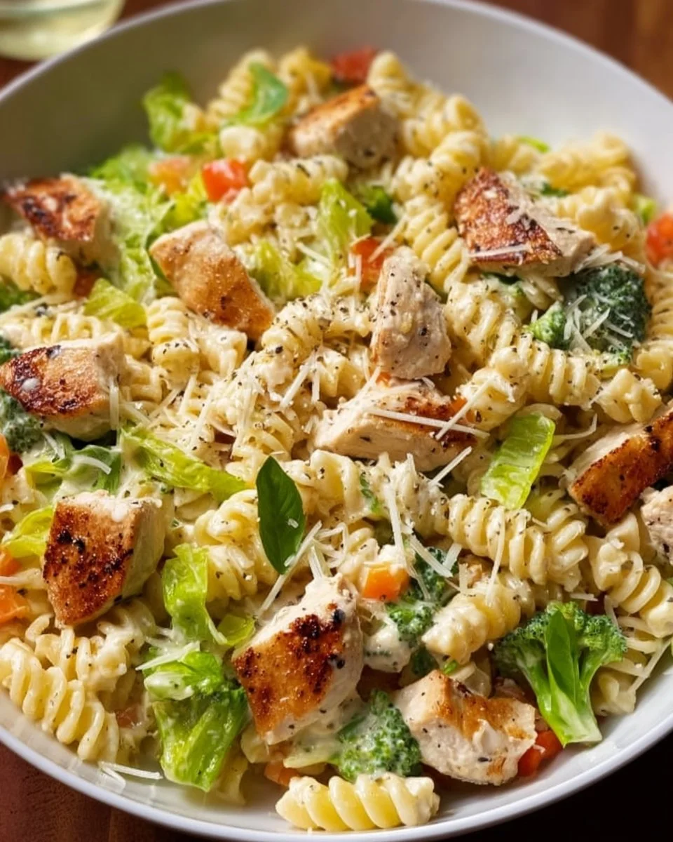 Creamy chicken pasta with colorful vegetables in a bowl.