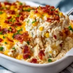 Baked creamy Crack Chicken Casserole topped with cheese and green onions