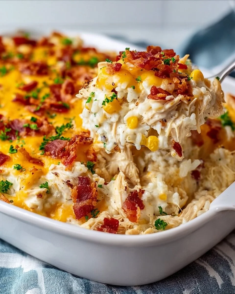 Baked creamy Crack Chicken Casserole topped with cheese and green onions
