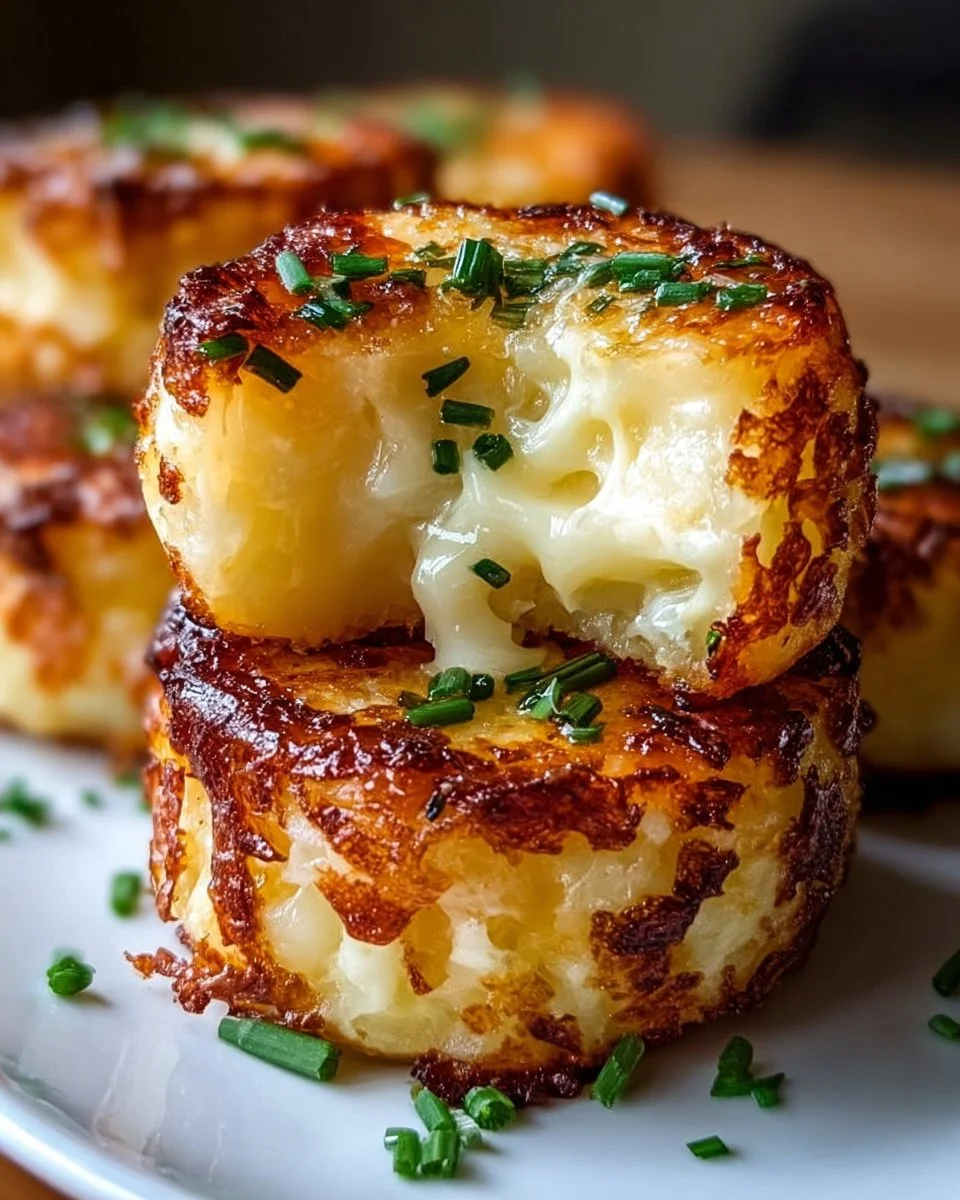 Crispy cheesy mashed potato bites garnished with herbs.