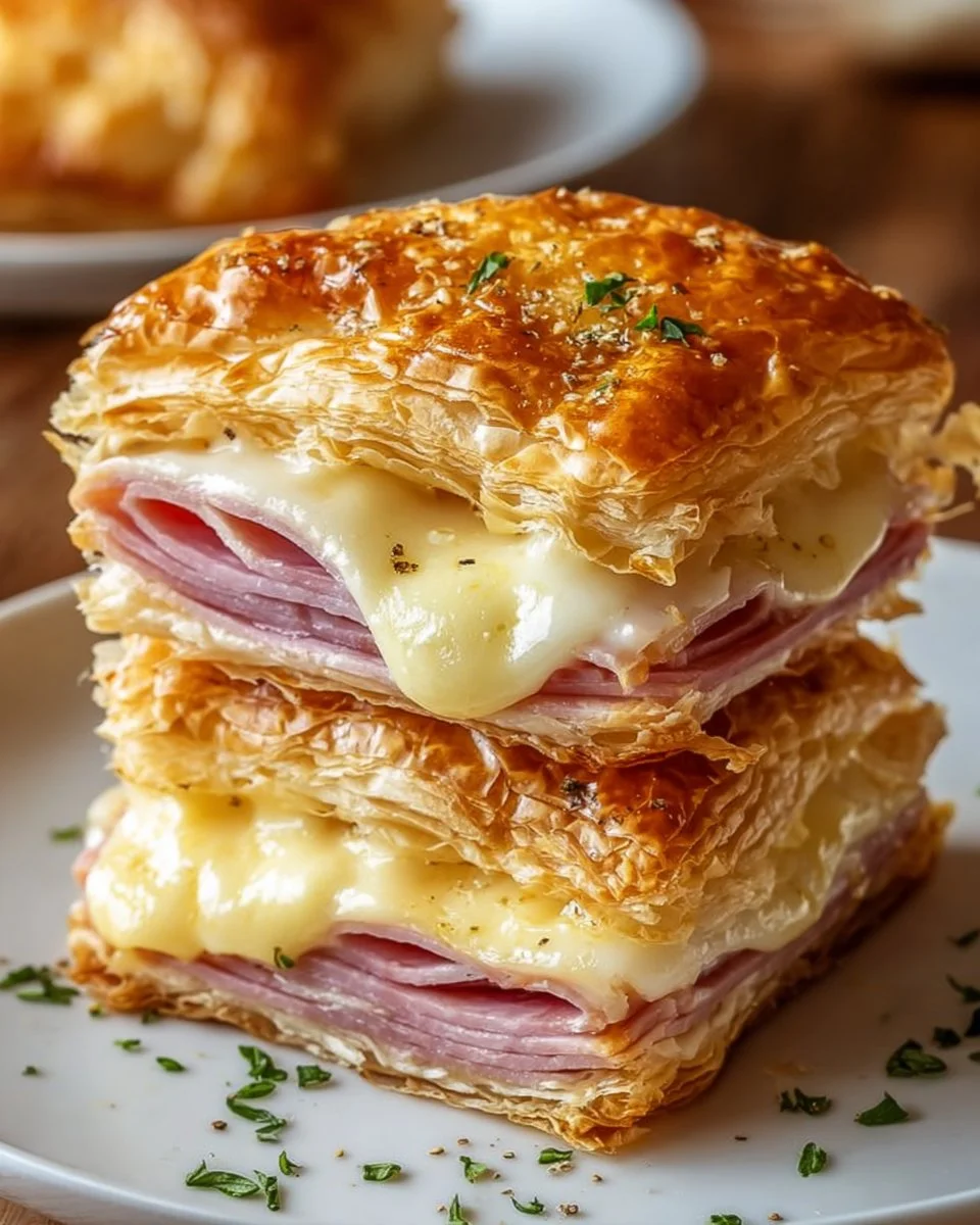 Crispy ham and cheese puff pastry stacks on a plate, perfect for snacking