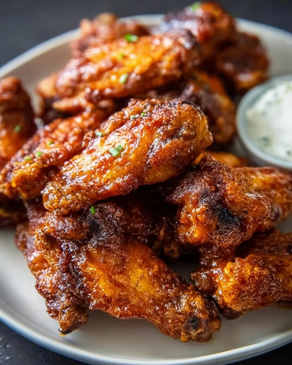 Crispy oven baked chicken wings served with dipping sauce and garnished with herbs