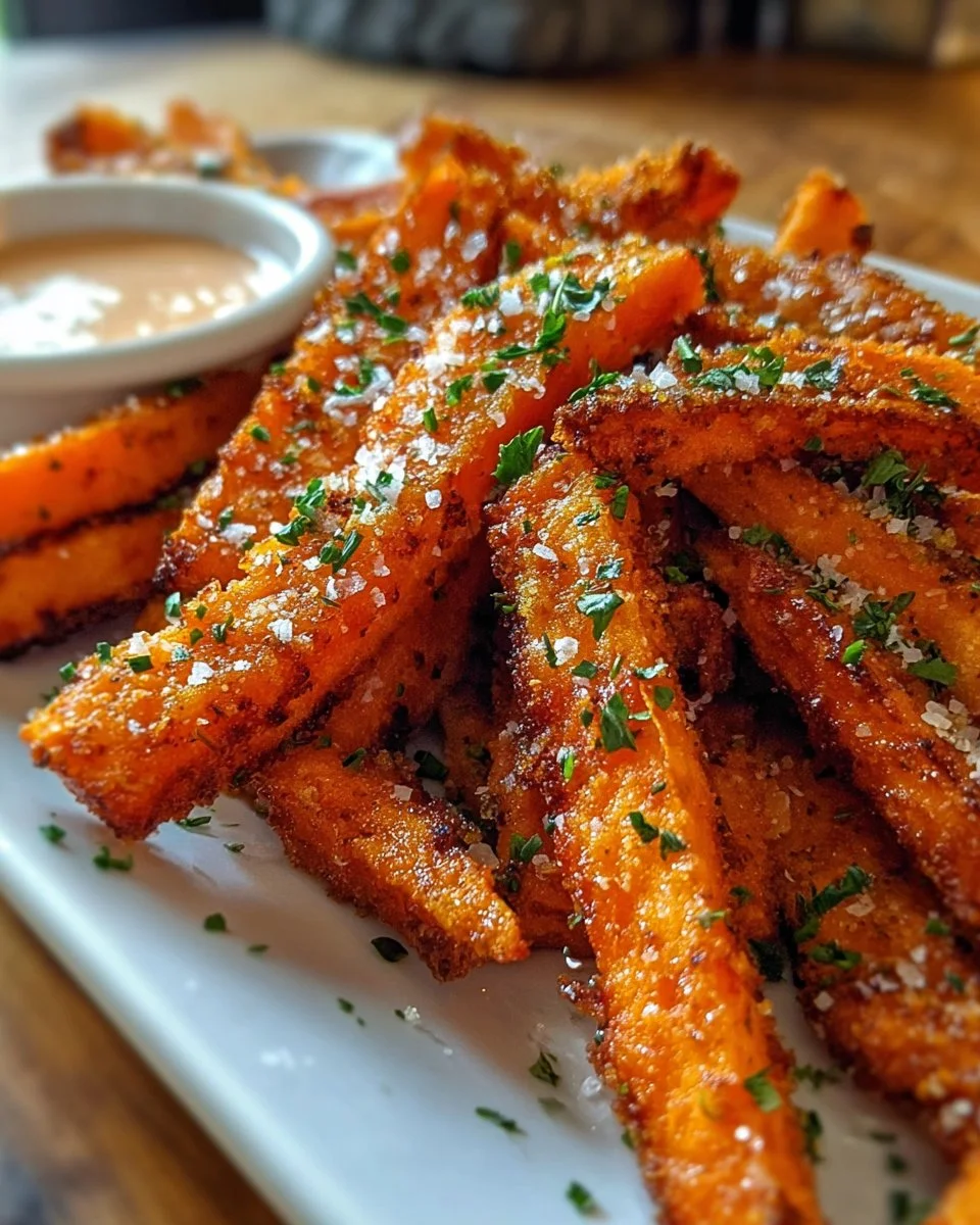 Crispy oven baked sweet potato fries served in a bowl with dipping sauce.