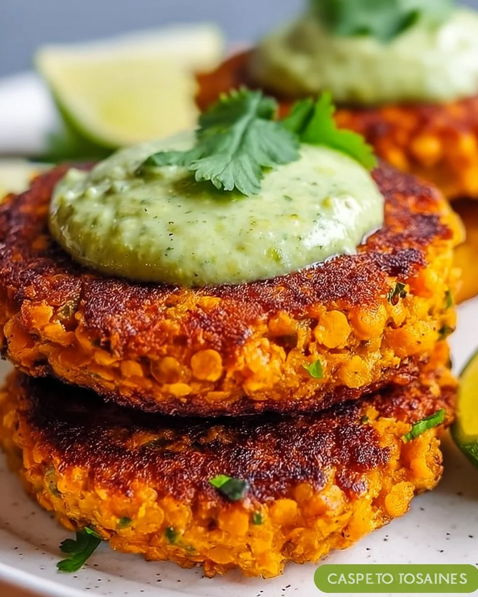 Crispy sweet potato and red lentil patties served with avocado cilantro sauce.