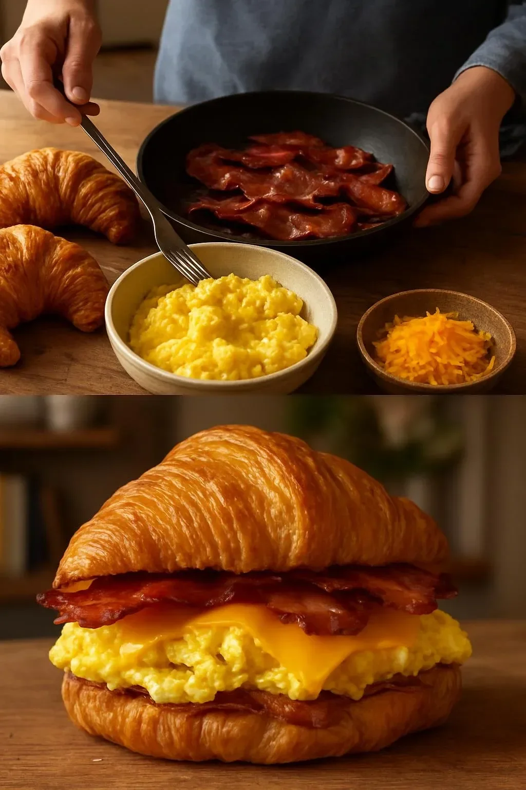 Delicious croissant breakfast sandwiches filled with eggs and cheese.