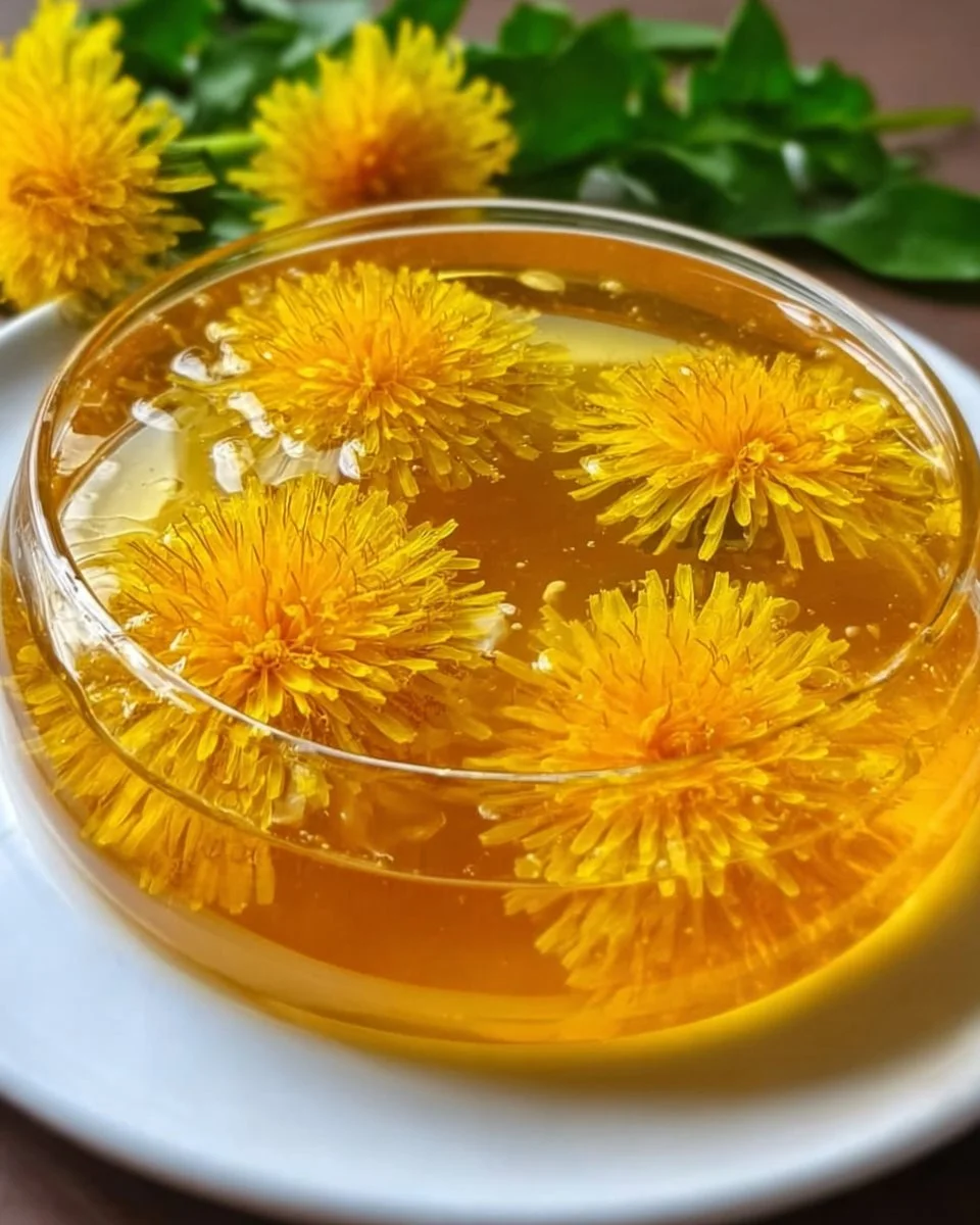Jar of homemade dandelion jelly with fresh dandelions nearby
