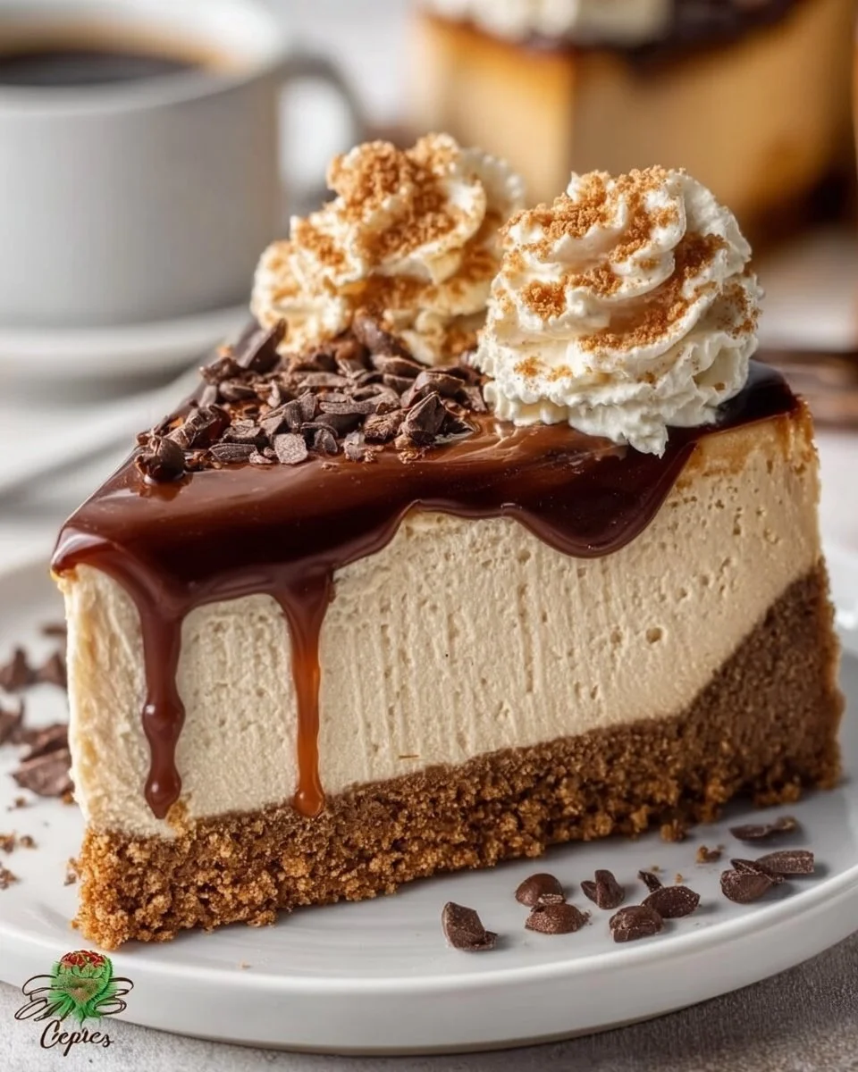 A slice of decadent coffee cheesecake topped with whipped cream and coffee beans.