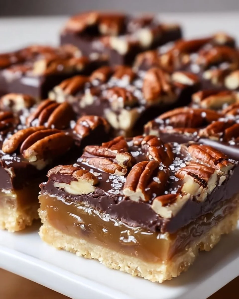 Delicious turtle bars topped with chocolate, caramel, and nuts