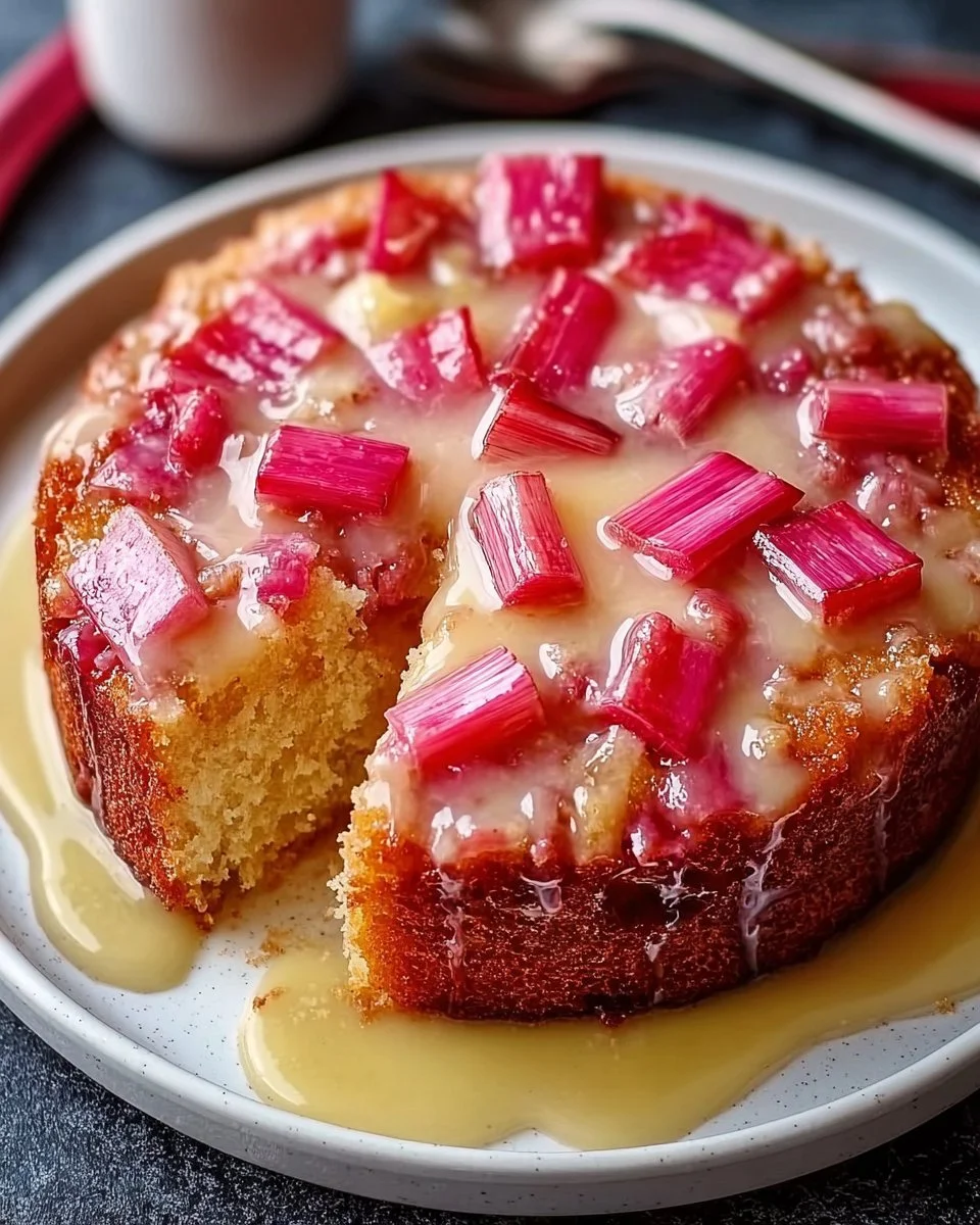 Decadent warm rhubarb cake served with butter sauce
