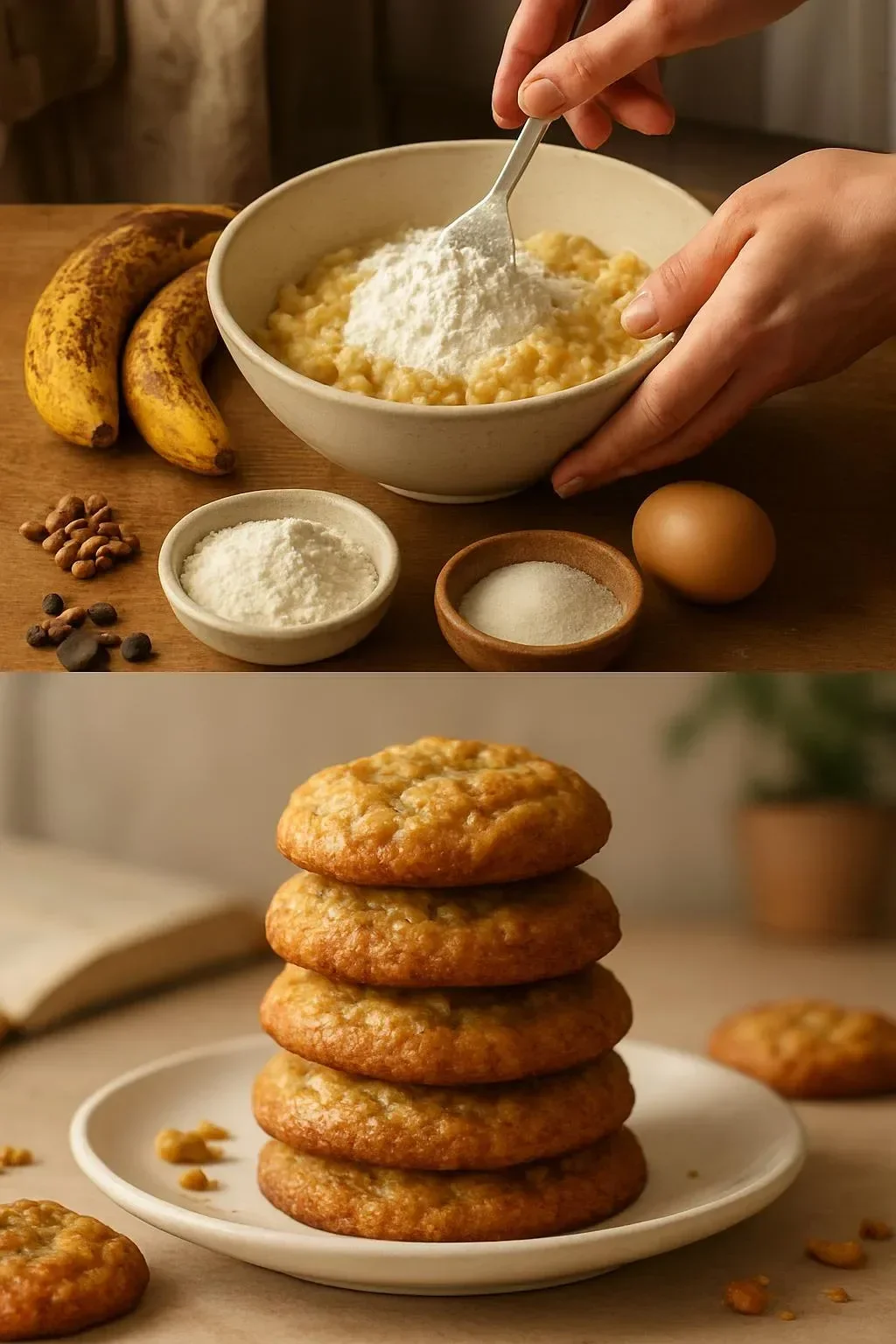 Delicious banana bread cookies on a wooden plate with chocolate chips