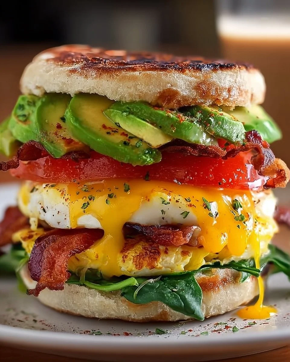 Delicious breakfast sandwich with avocado, egg, and cheese on a toasted bagel.