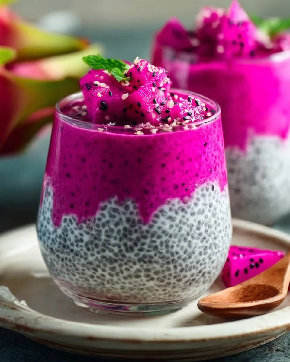Delicious dragon fruit chia pudding topped with fresh fruit and nuts
