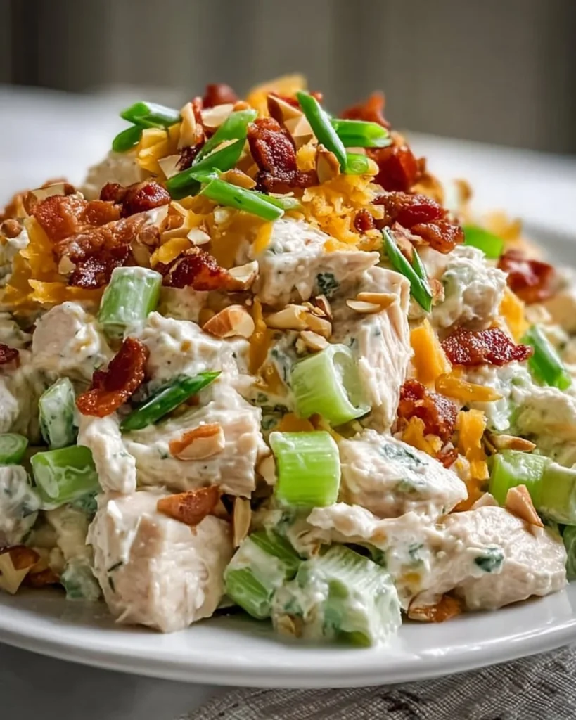 Bowl of Million Dollar Chicken Salad garnished with herbs and served on a plate