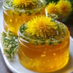 Homemade dandelion jelly in a jar with dandelion flowers