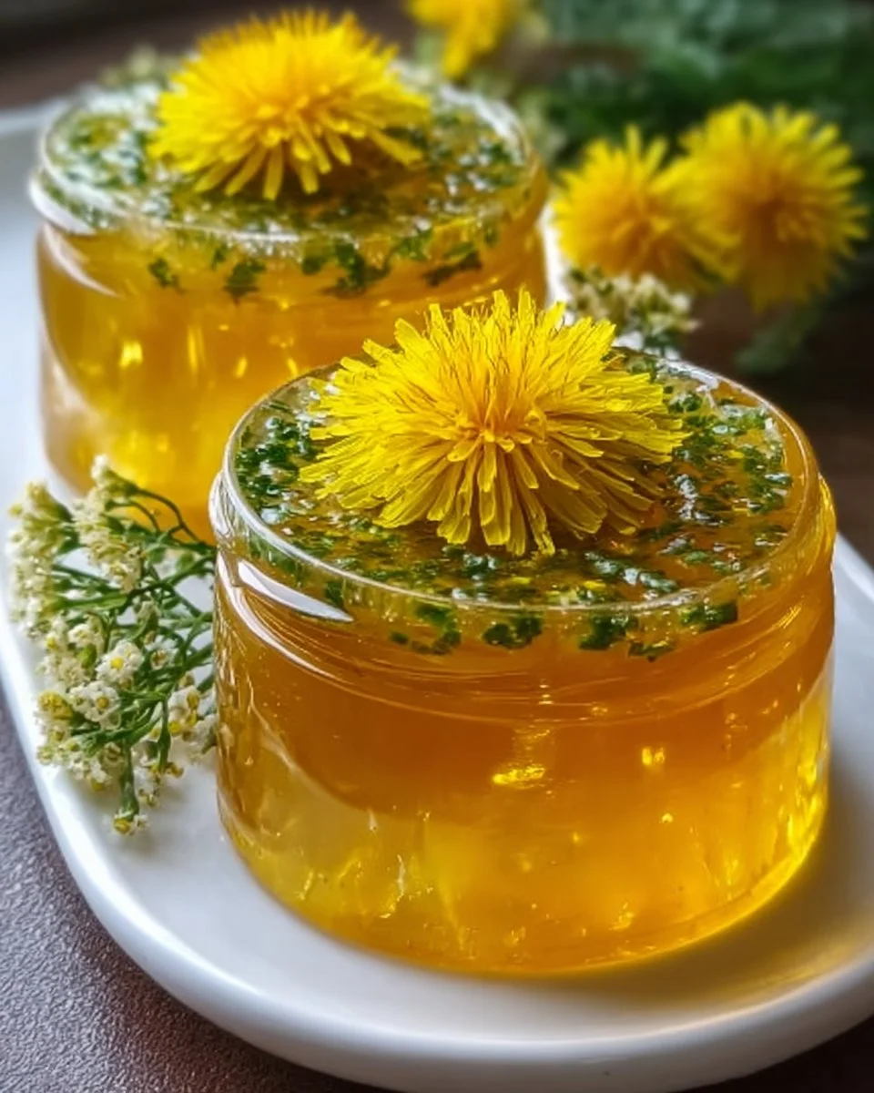 Homemade dandelion jelly in a jar with dandelion flowers