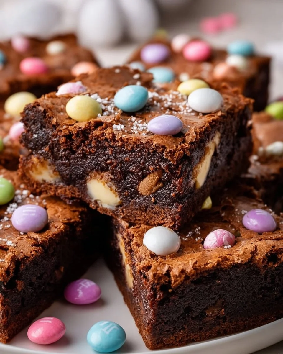 Delicious Easter brownies decorated with colorful sprinkles and chocolate.