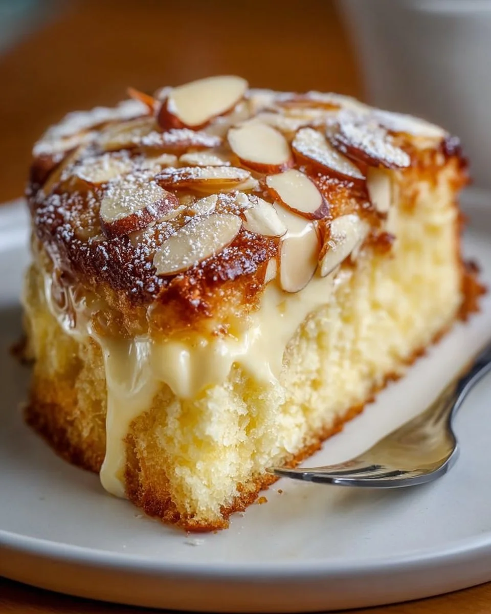 Slice of Easy Bee Sting Cake topped with honey glaze and almonds
