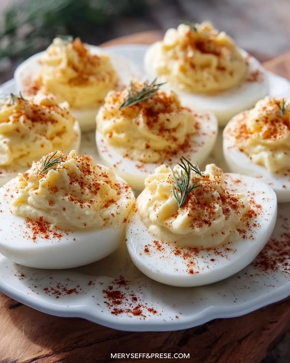 Classic Easter deviled eggs on a festive table setting