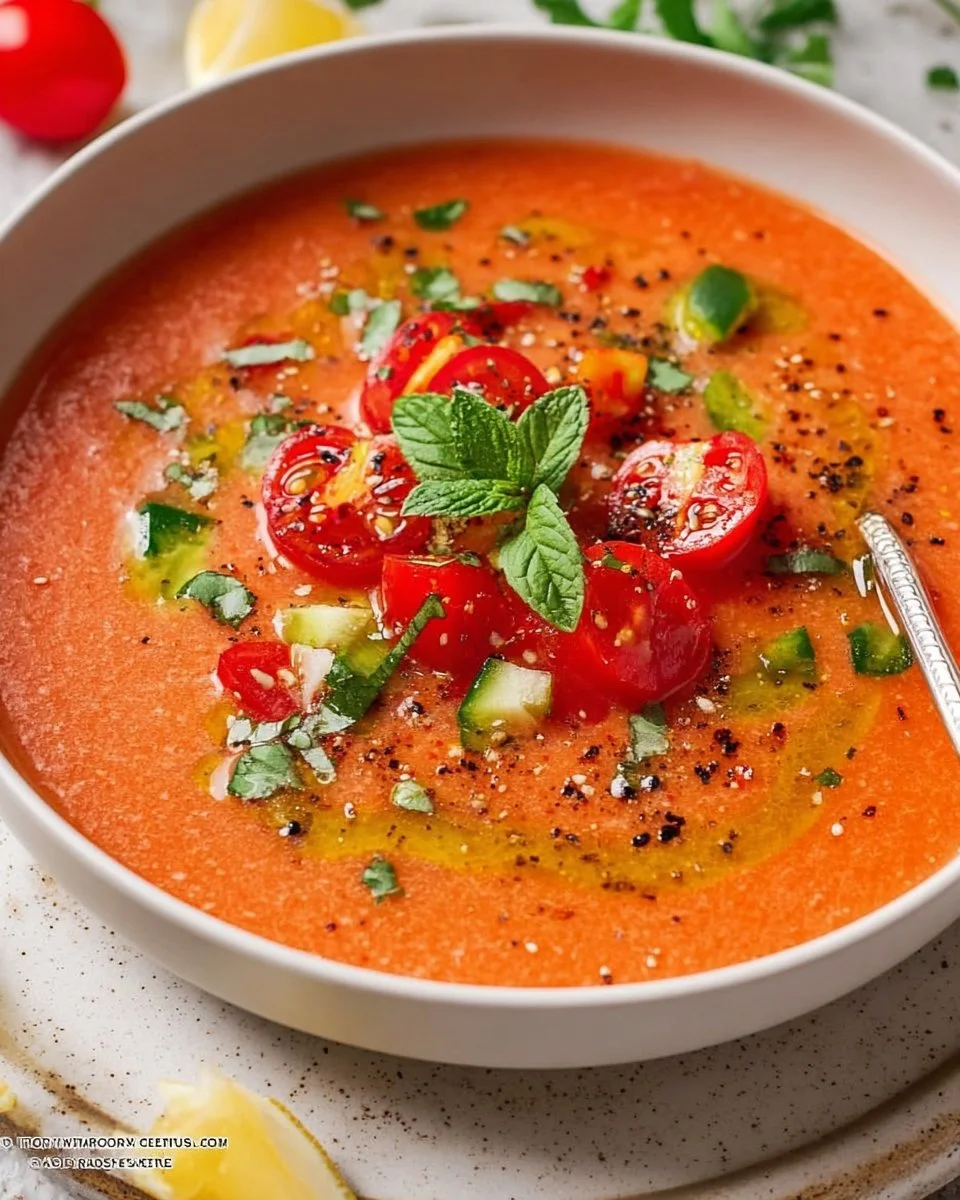 Bowl of easy vegan gazpacho garnished with fresh basil and cucumber slices