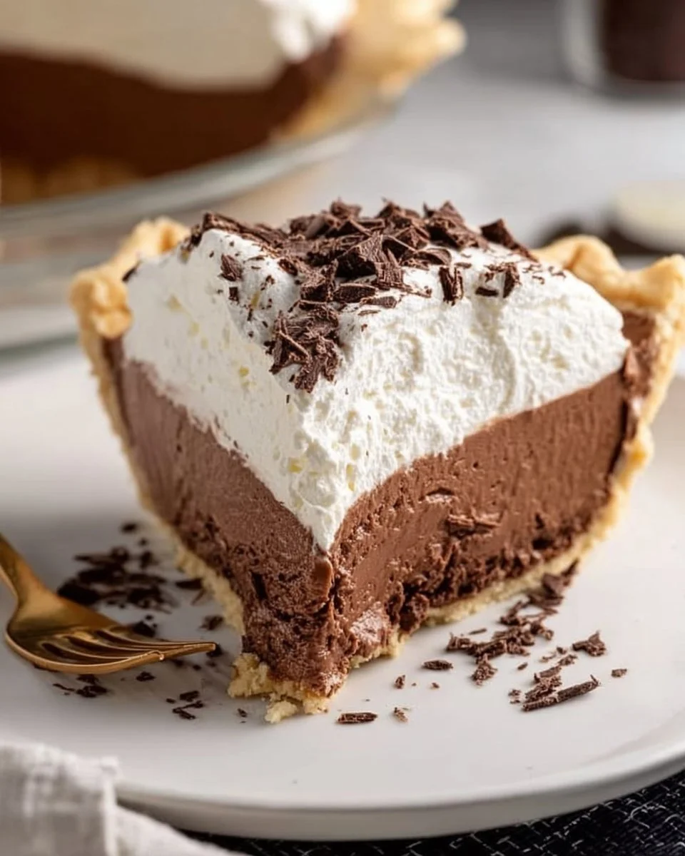 Delicious slice of homemade French Silk Pie topped with chocolate shavings