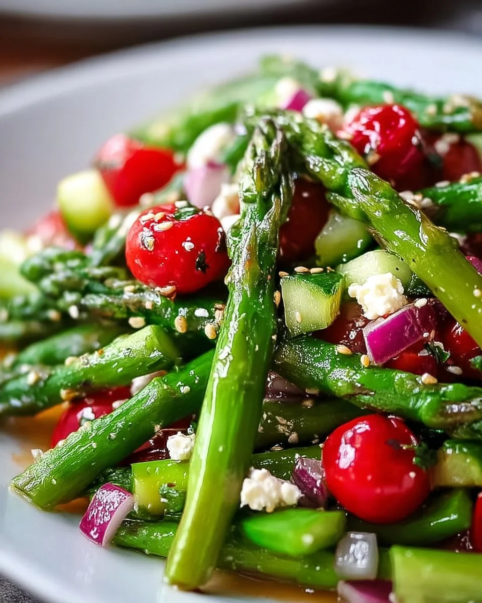 Fresh asparagus salad with cherry tomatoes and feta cheese served in a bowl