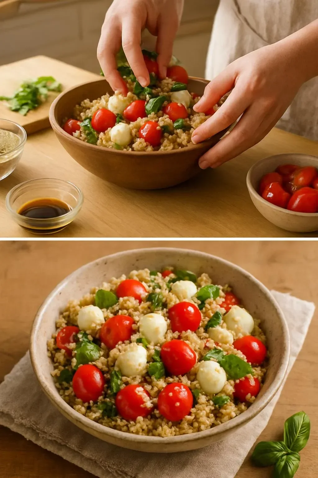 Fresh Caprese Quinoa Salad with tomatoes, mozzarella, herbs, and quinoa