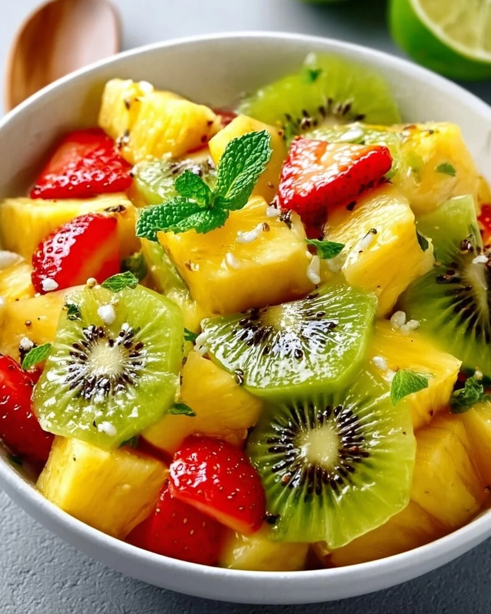 Bowl of fresh pineapple kiwi salad with mint garnish