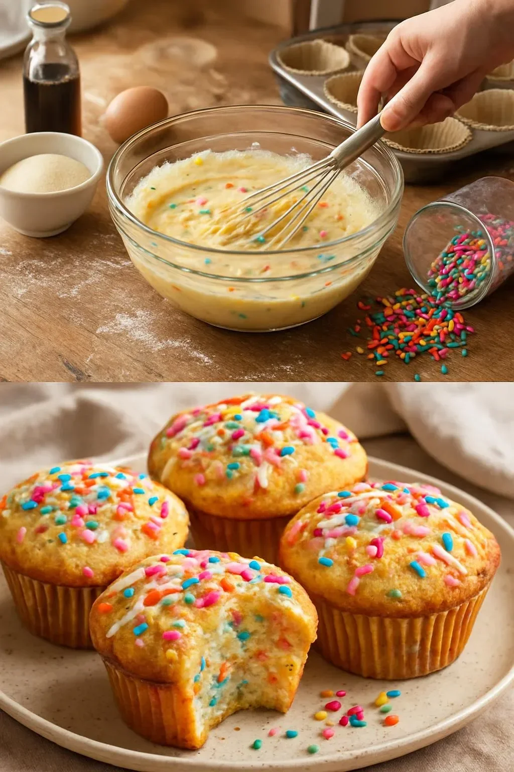 Delicious Funfetti birthday cake muffins topped with colorful sprinkles