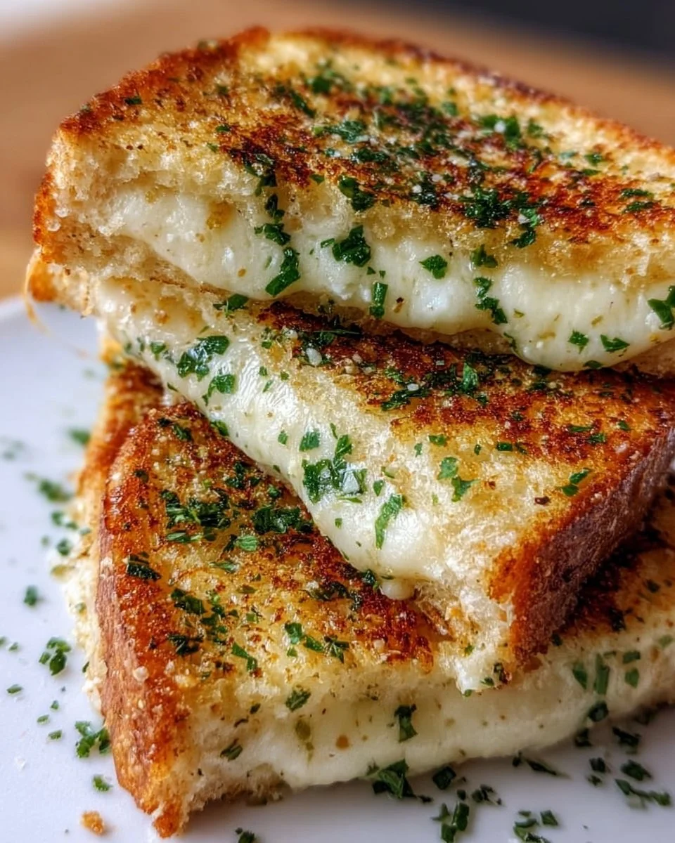 Garlic Bread Grilled Cheese sandwich with melted cheese and garlicky crust