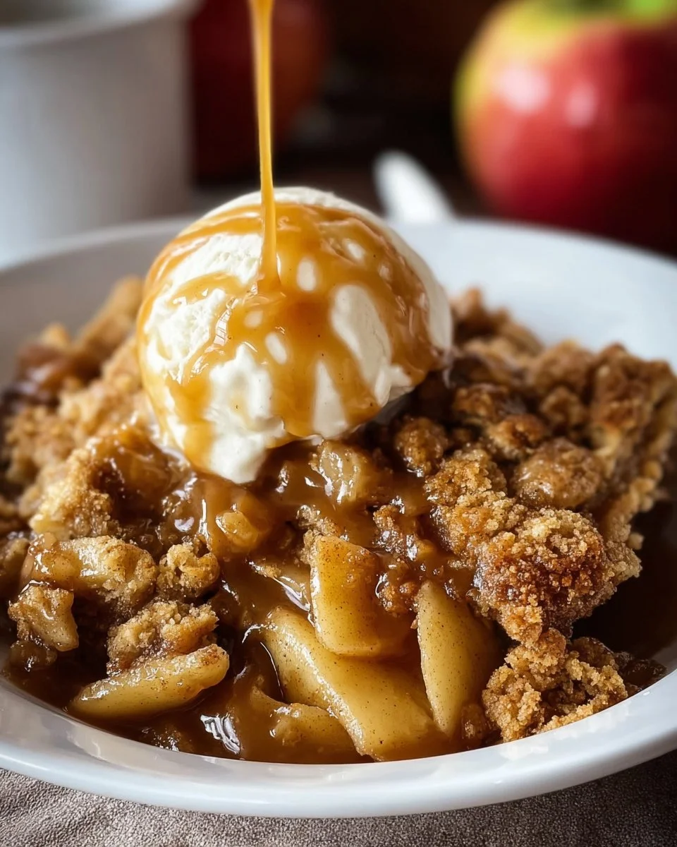 Gingerbread Caramel Apple Cobbler dessert served in a rustic dish