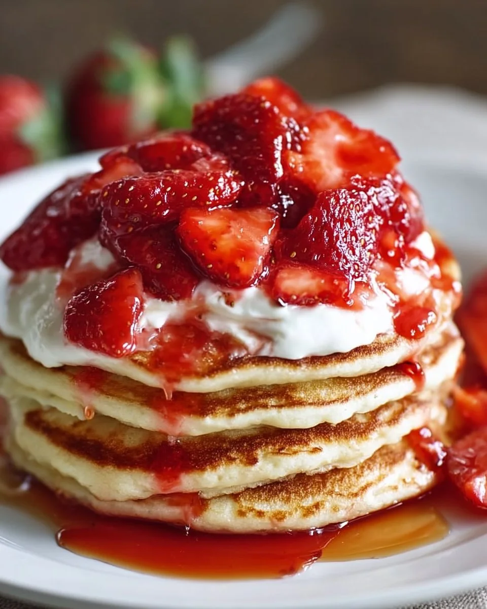 Gluten-free strawberry cheesecake pancakes topped with fresh strawberries and cream