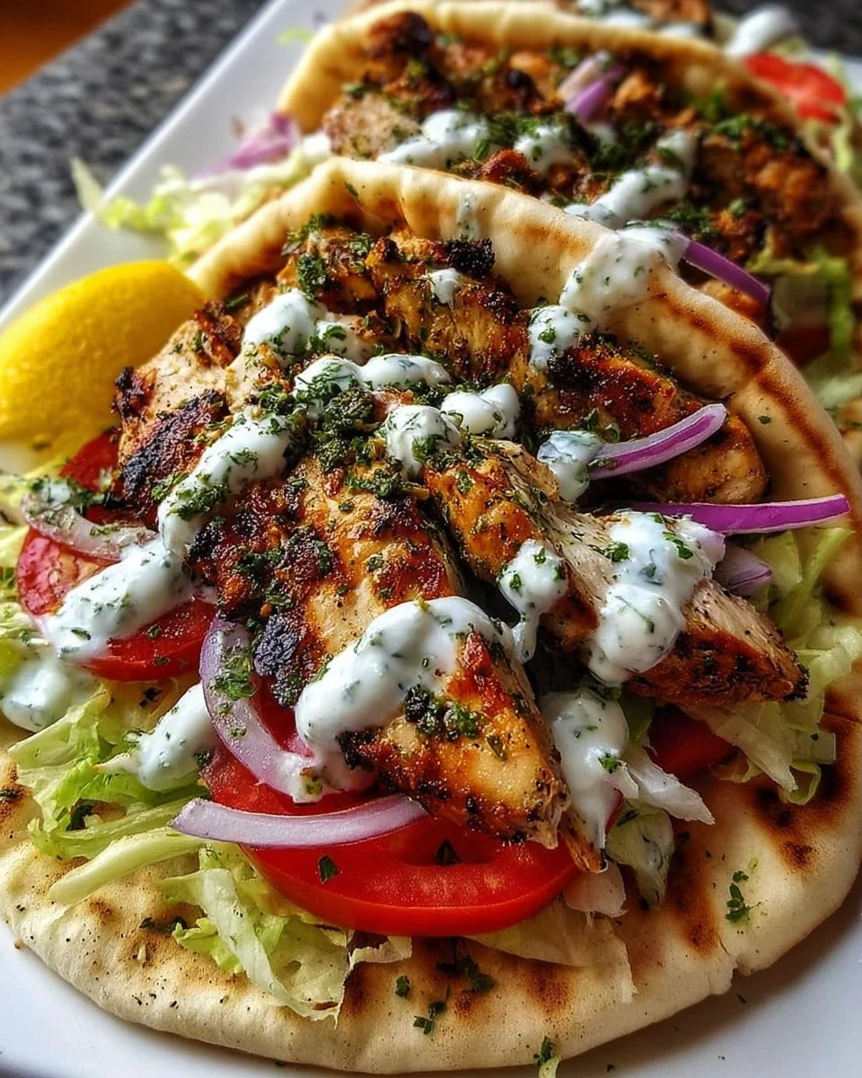 Delicious Greek Chicken Gyros with Lemon-Herb Marinade served in pita