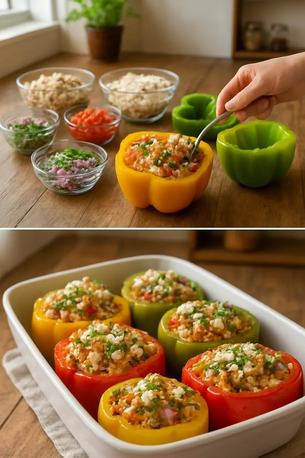 Greek chicken stuffed peppers with herbs and feta cheese