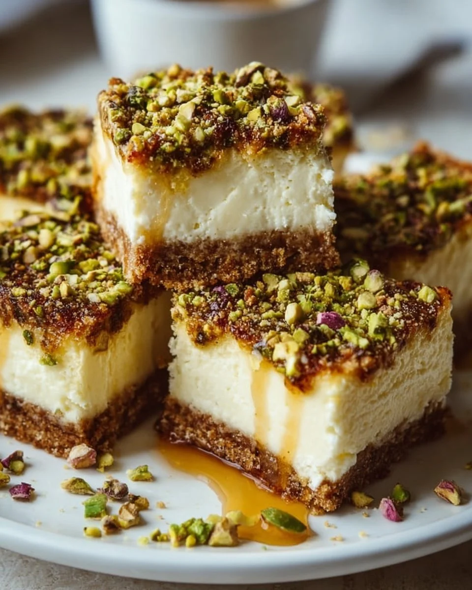 Greek Honey Pistachio Cheesecake Bars with creamy texture and honey glaze