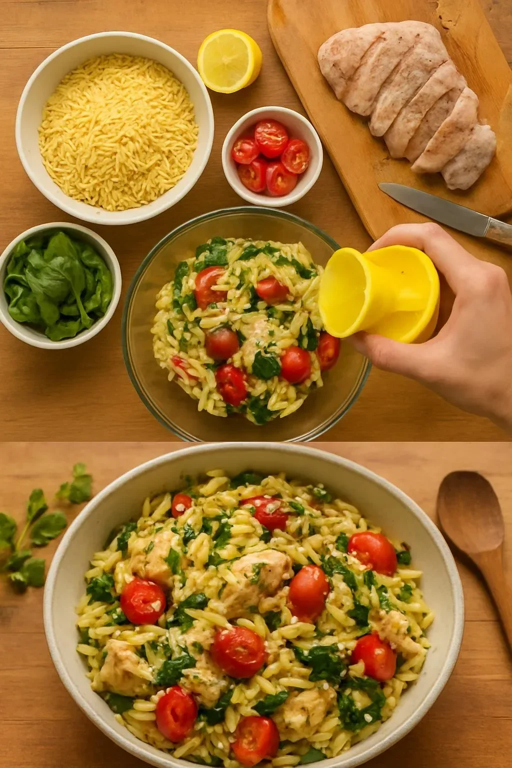 Plate of Greek Lemon Chicken with Orzo, garnished with lemon and herbs.